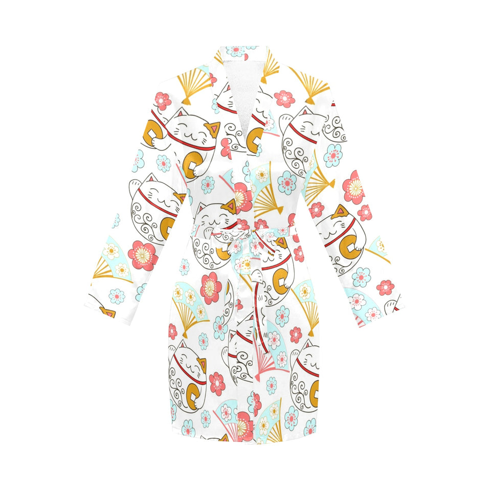 Maneki neko cat fan sakura Women's Long Sleeve Belted Night Robe