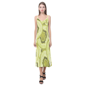 Sliced kiwi pattern V-Neck Open Fork Long Dress