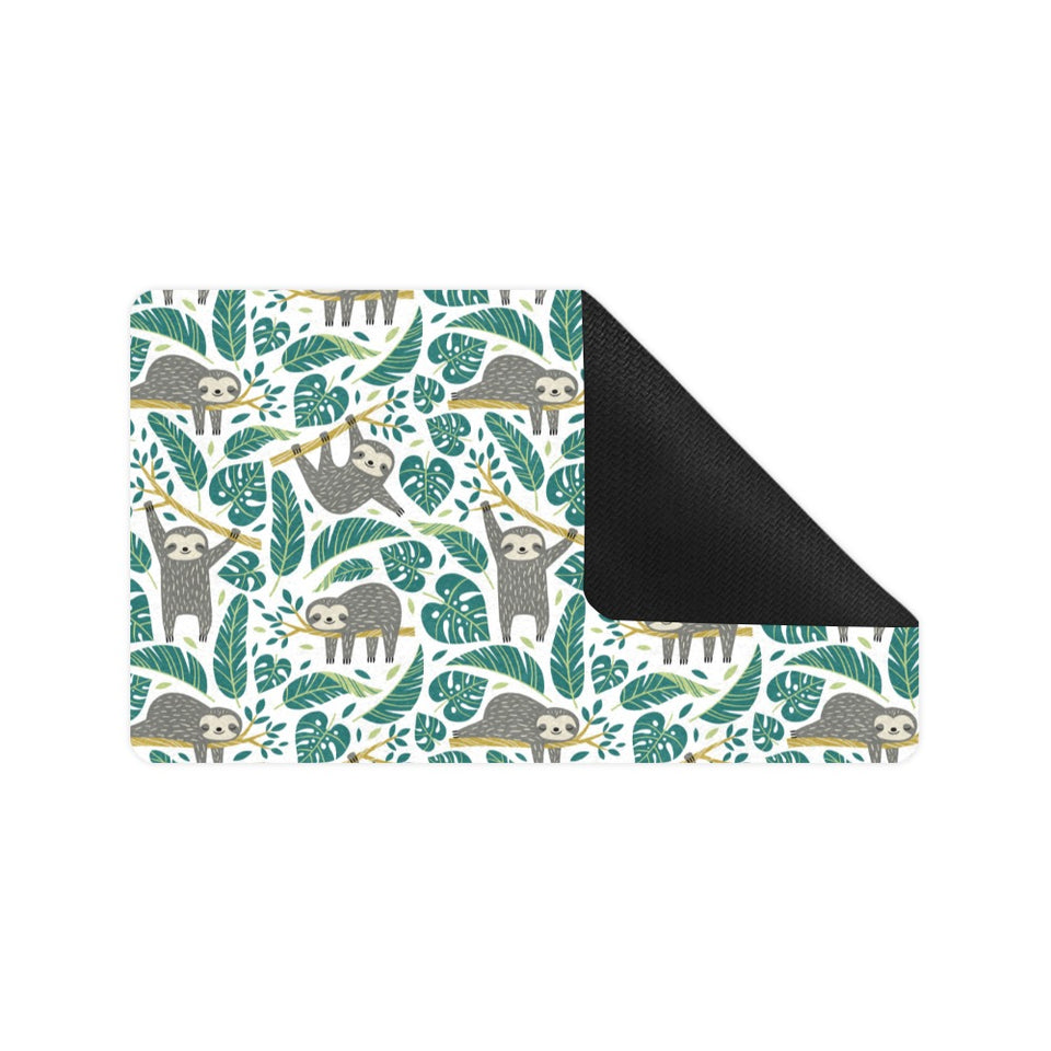 Cute sloths tropical palm leaves white background Doormat