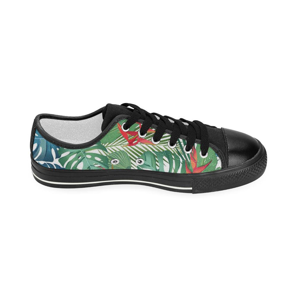 heliconia palm and monstera  leaves pattern Kids' Boys' Girls' Low Top Canvas Shoes Black
