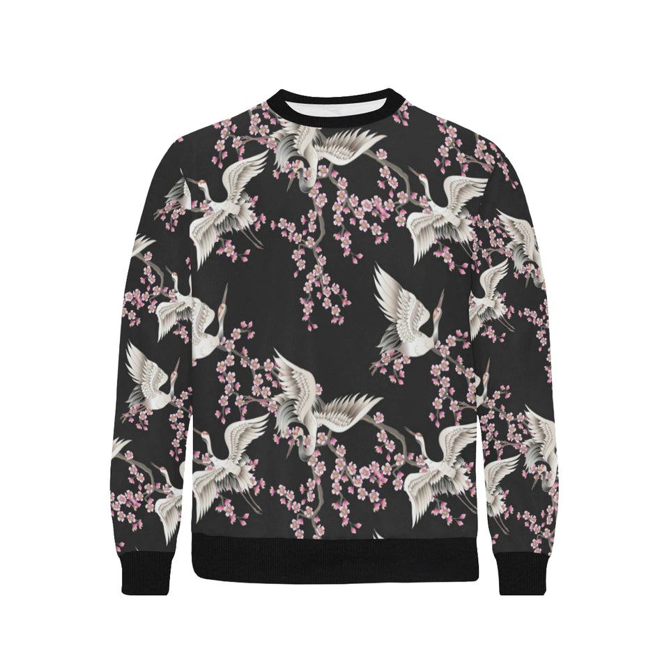 Japanese crane pink sakura pattern Men's Crew Neck Sweatshirt