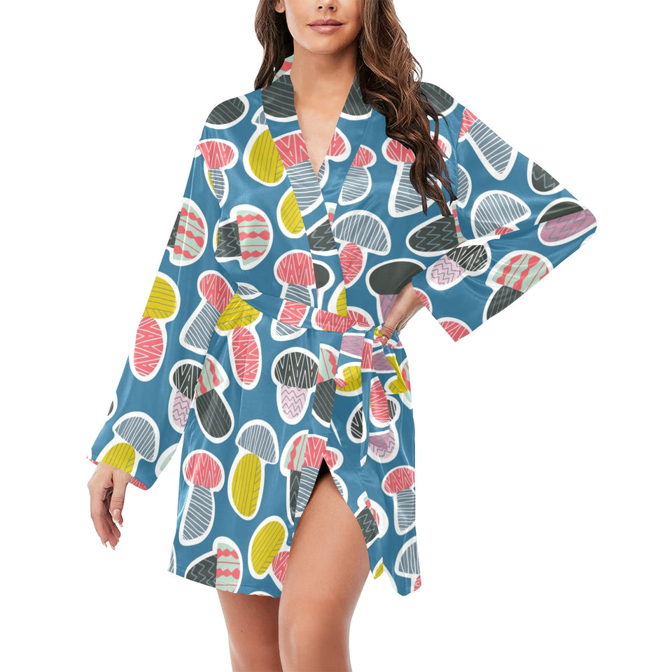 Colorful mushroom design pattern Women's Long Sleeve Belted Night Robe