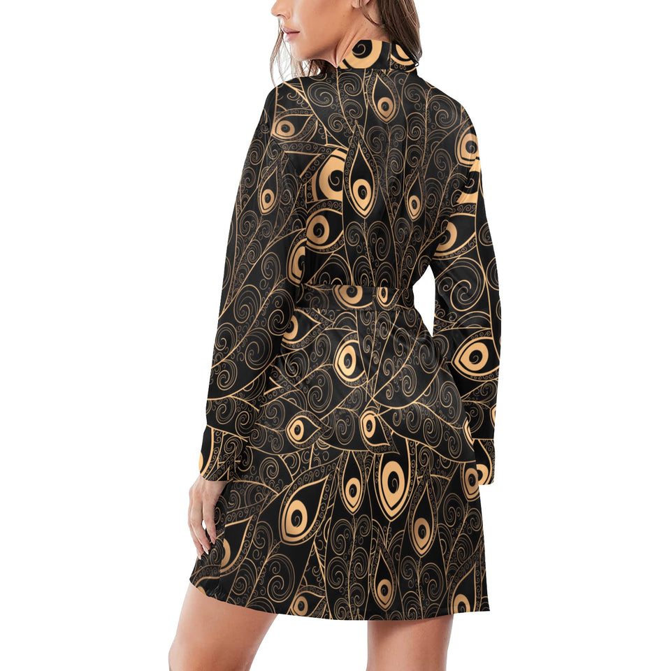 Gold peacock feather pattern Women's Long Sleeve Belted Night Robe