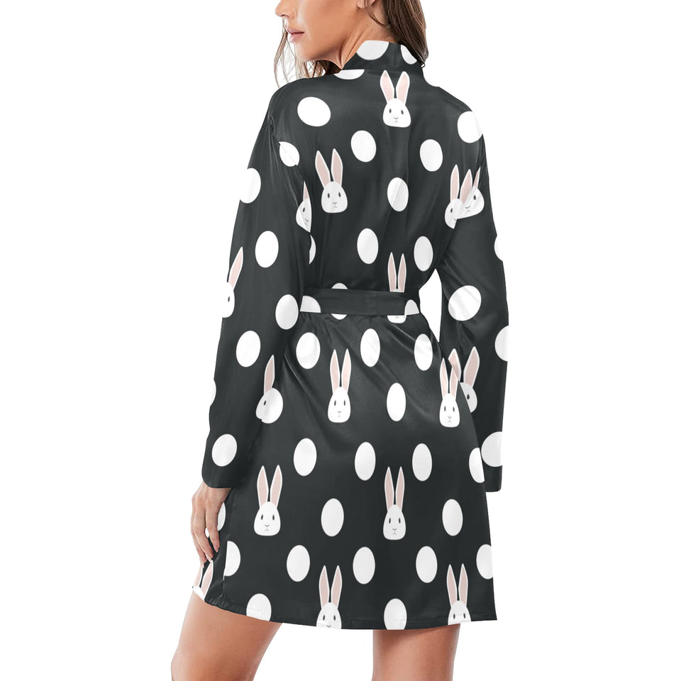 Cute white rabbit polka dots black background Women's Long Sleeve Belted Night Robe