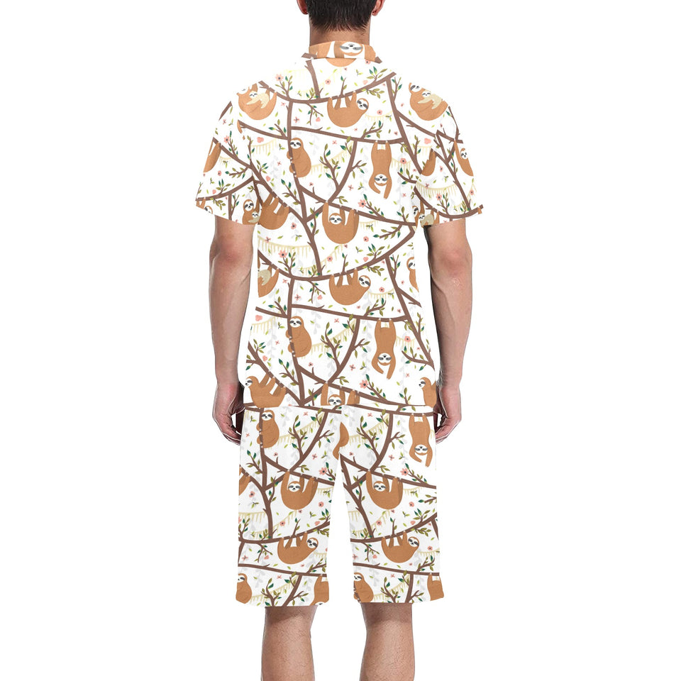 Sloths hanging on the tree pattern Men's V-Neck Short Pajama Set