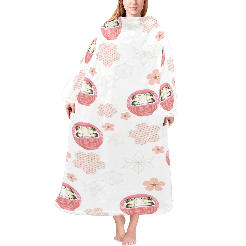 Daruma japanese wooden doll cherry blossom flower Blanket Robe with Sleeves