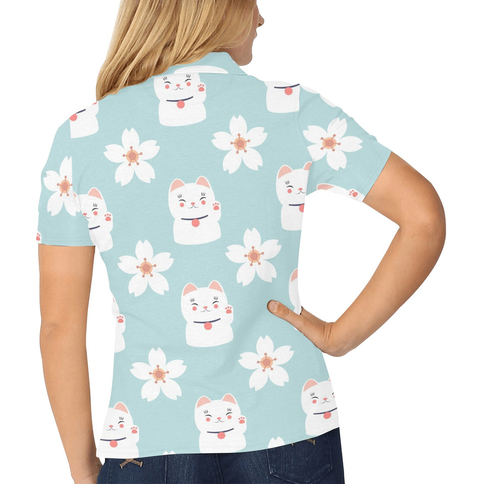 Maneki neko cat sakura Women's All Over Print Polo Shirt