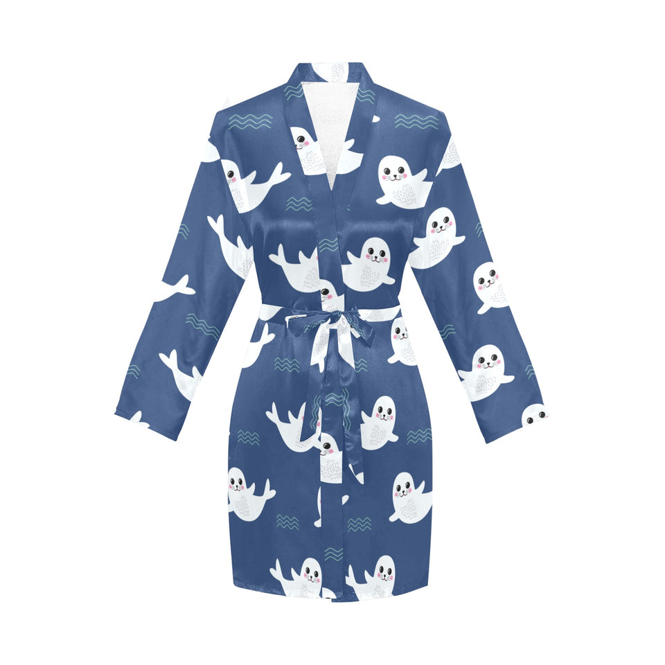 Cute white baby sea lion seal pattern Women's Long Sleeve Belted Night Robe