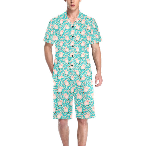Pig Pattern Print Design 01 Men's V-Neck Short Pajama Set