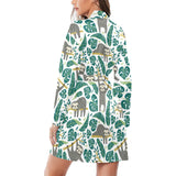 Cute sloths tropical palm leaves white background Women's Long Sleeve Belted Night Robe