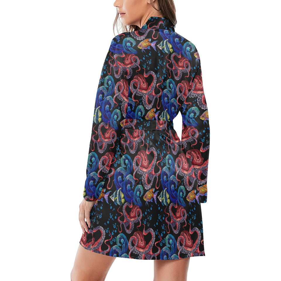 Octopus sea wave tropical fishe pattern Women's Long Sleeve Belted Night Robe