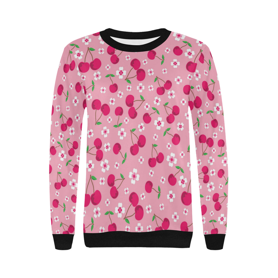 cherry flower pattern pink background Women's Crew Neck Sweatshirt