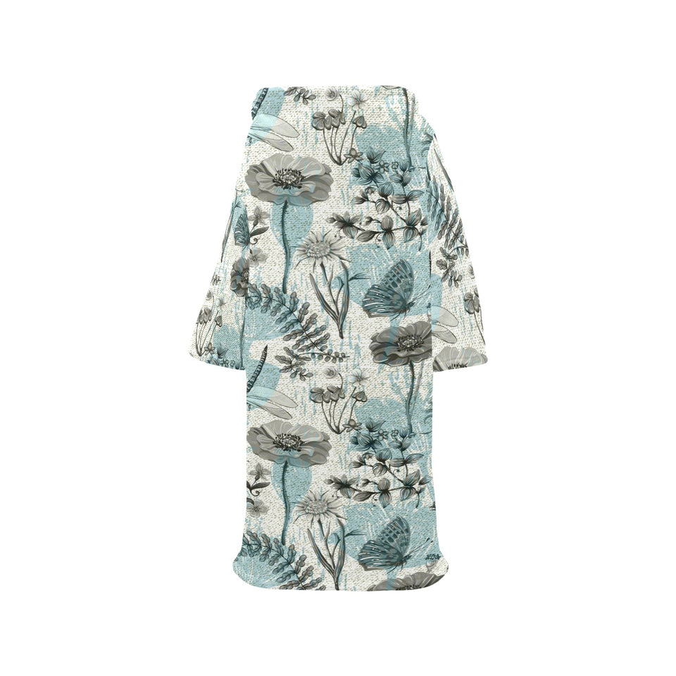 Dragonfly Butterfly Plants insect flower vintage s Blanket Robe with Sleeves