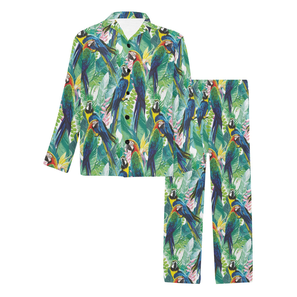 Colorful parrot exotic flower leaves Men's Long Pajama Set