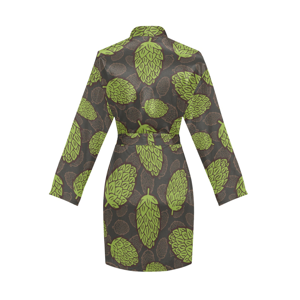 Hop pattern black background Women's Long Sleeve Belted Night Robe