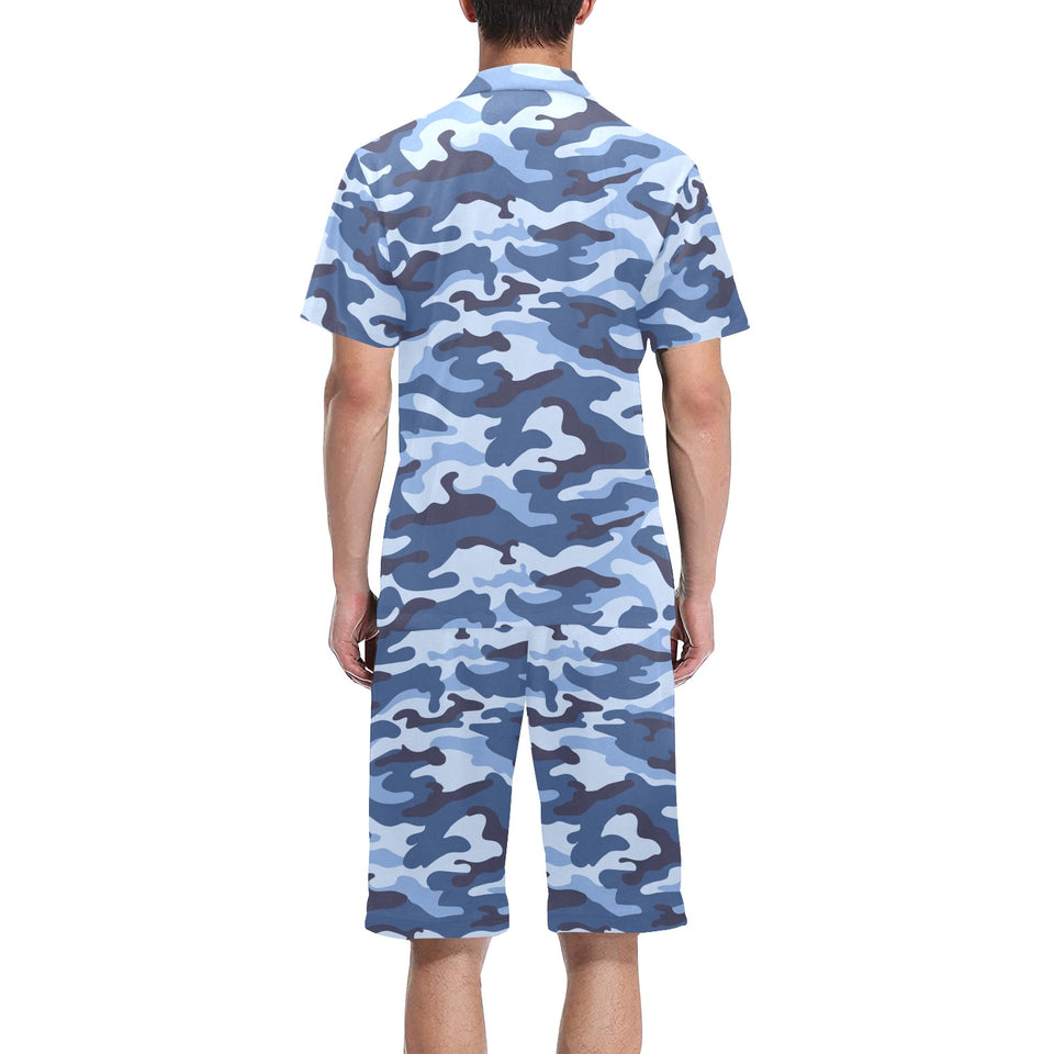 Blue camouflage pattern Men's V-Neck Short Pajama Set