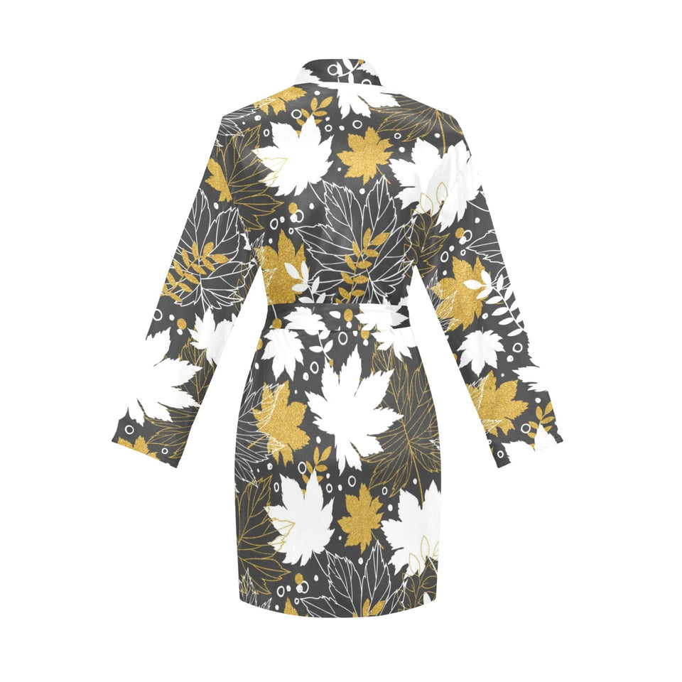 Beautiful gold autumn maple leaf pattern Women's Long Sleeve Belted Night Robe