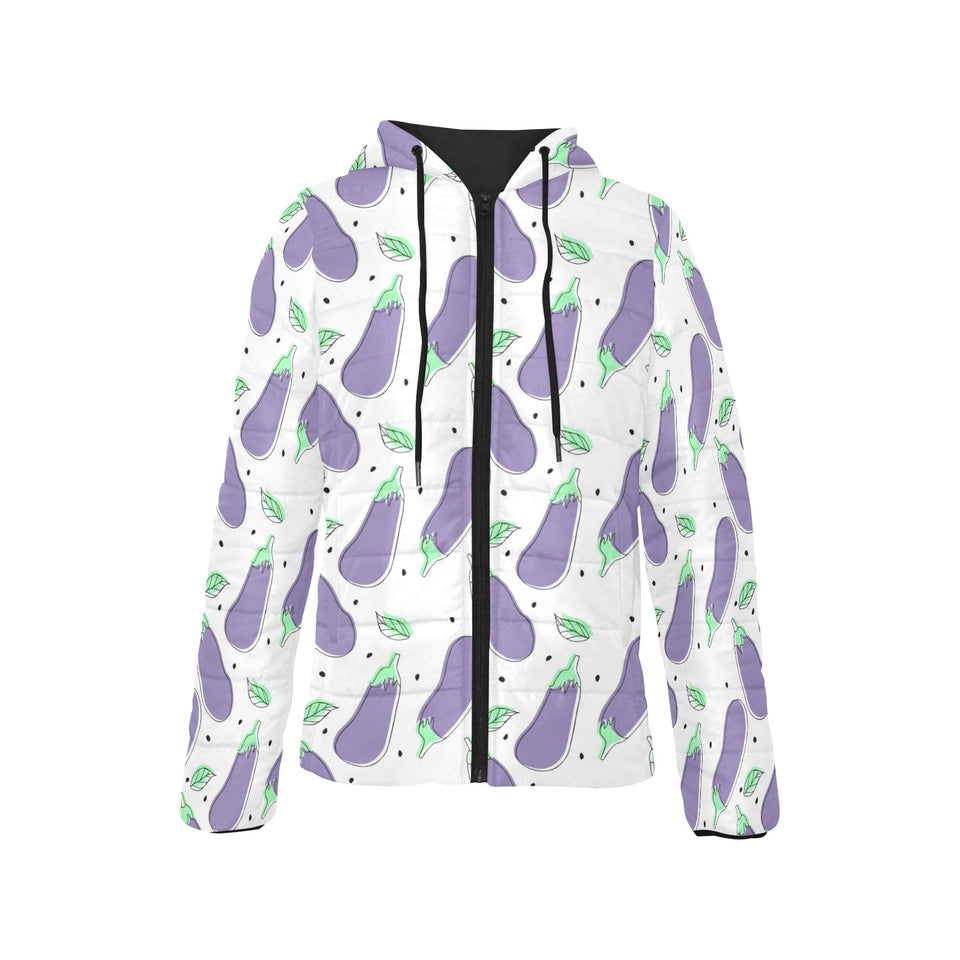 Eggplant Pattern Print Design 05 Women's Padded Hooded Jacket