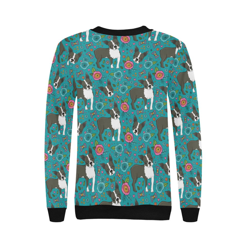Boston terrier beautiful flower pattern Women's Crew Neck Sweatshirt
