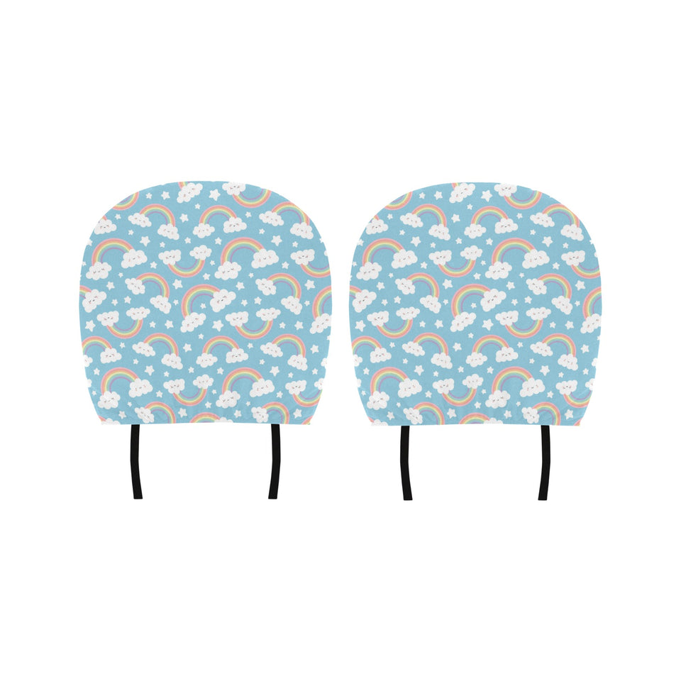 Cute rainbow clound star pattern blue background Car Headrest Cover