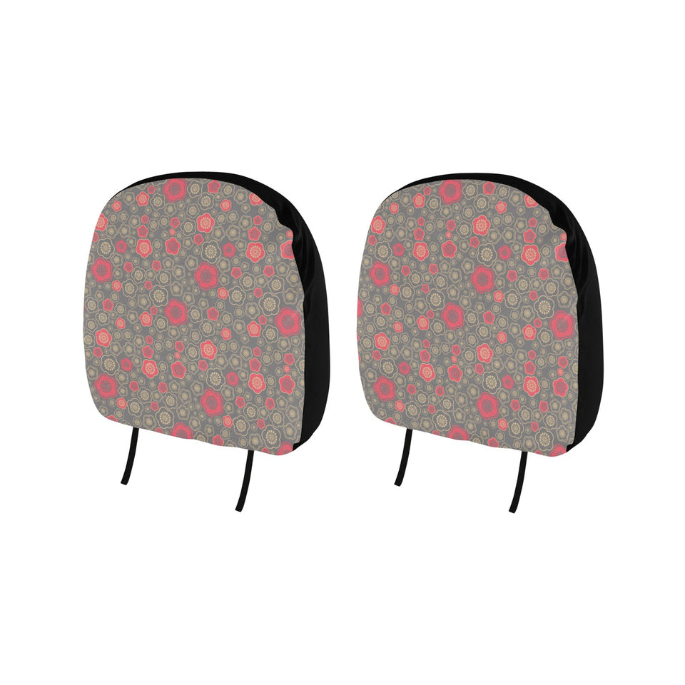 Red gold Sakura cherry blossom gray background Car Headrest Cover