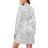 Cartoon hand drawn ice cream black white Women's Long Sleeve Belted Night Robe