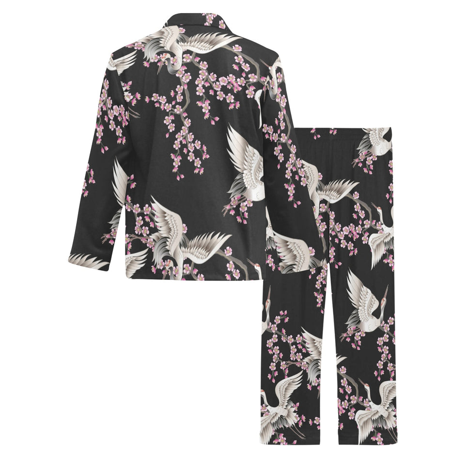 Japanese crane pink sakura pattern Men's Long Pajama Set