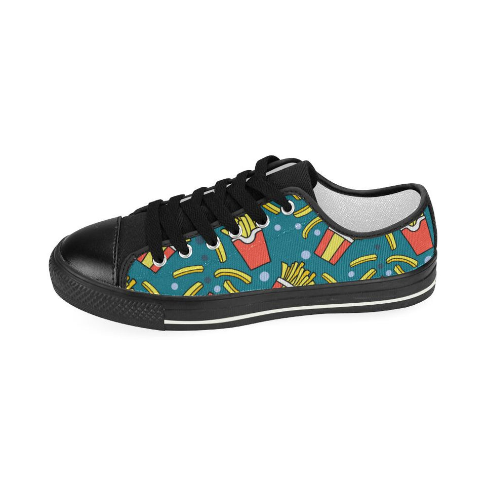French fries red paper box pattern Kids' Boys' Girls' Low Top Canvas Shoes Black