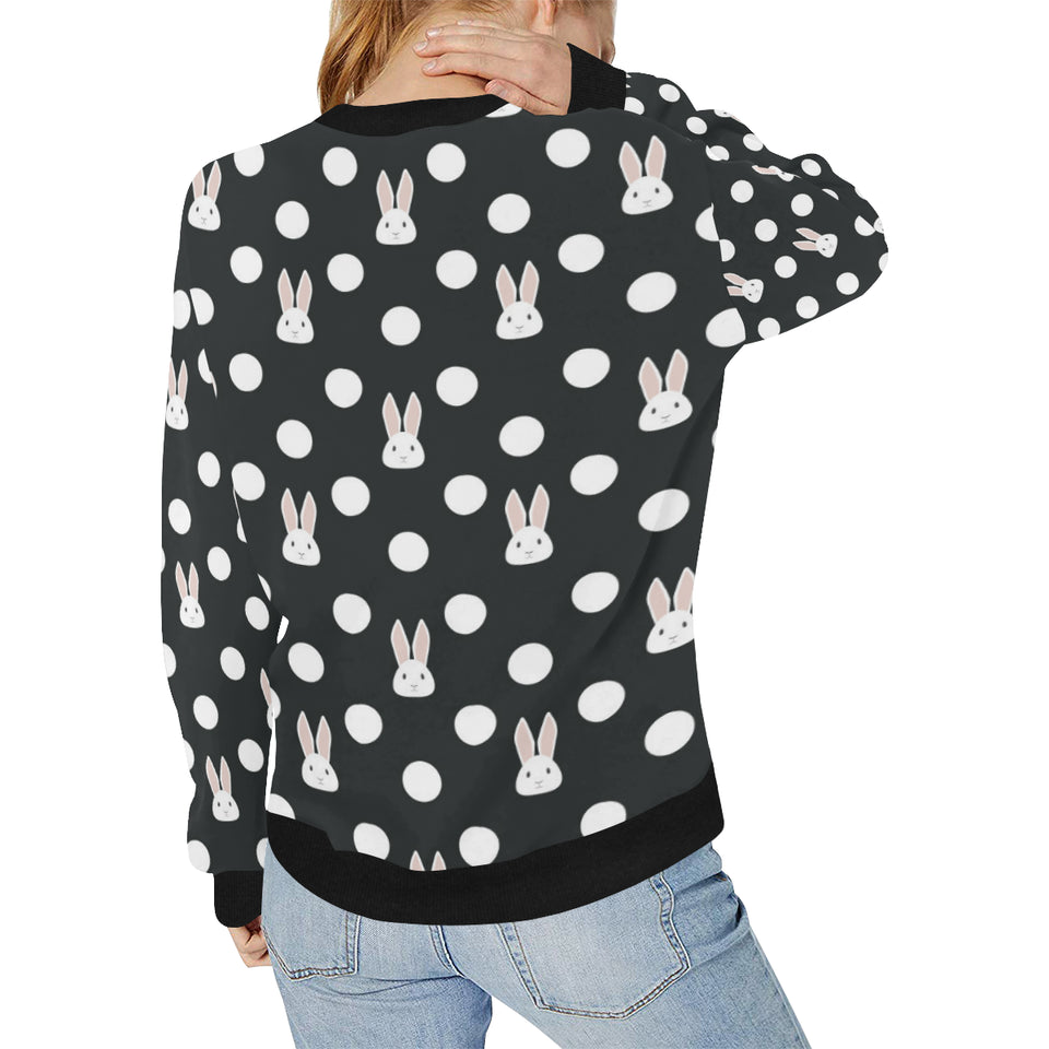 Cute white rabbit polka dots black background Women's Crew Neck Sweatshirt