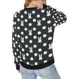 Cute white rabbit polka dots black background Women's Crew Neck Sweatshirt