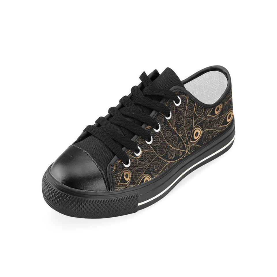 Gold peacock feather pattern Kids' Boys' Girls' Low Top Canvas Shoes Black