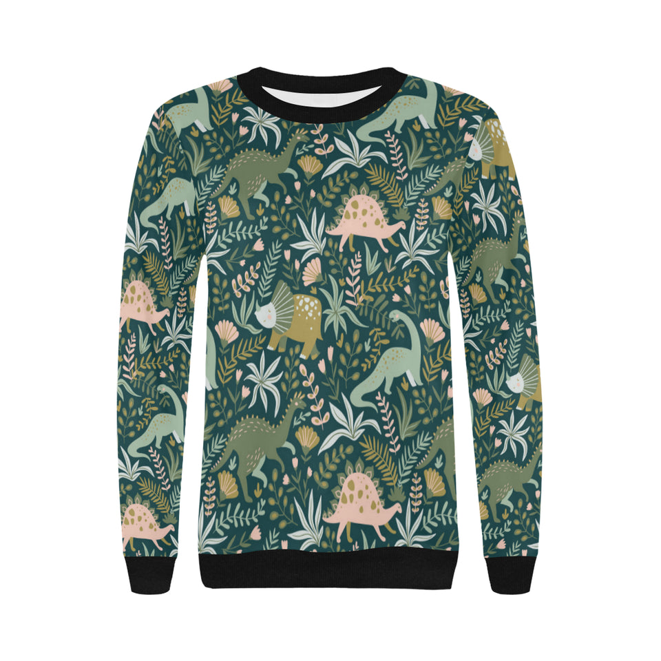 dinosaurs tropical leaves flower pattern Women's Crew Neck Sweatshirt