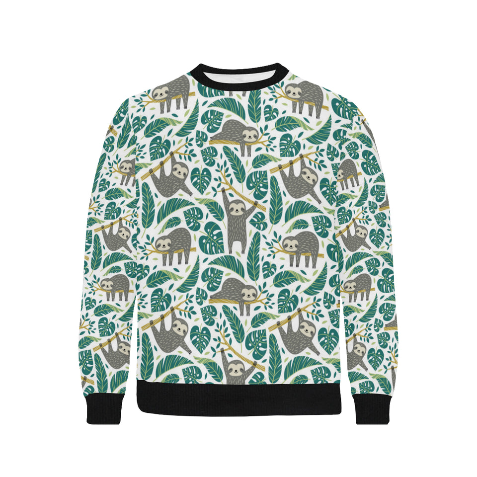 Cute sloths tropical palm leaves white background Men's Crew Neck Sweatshirt