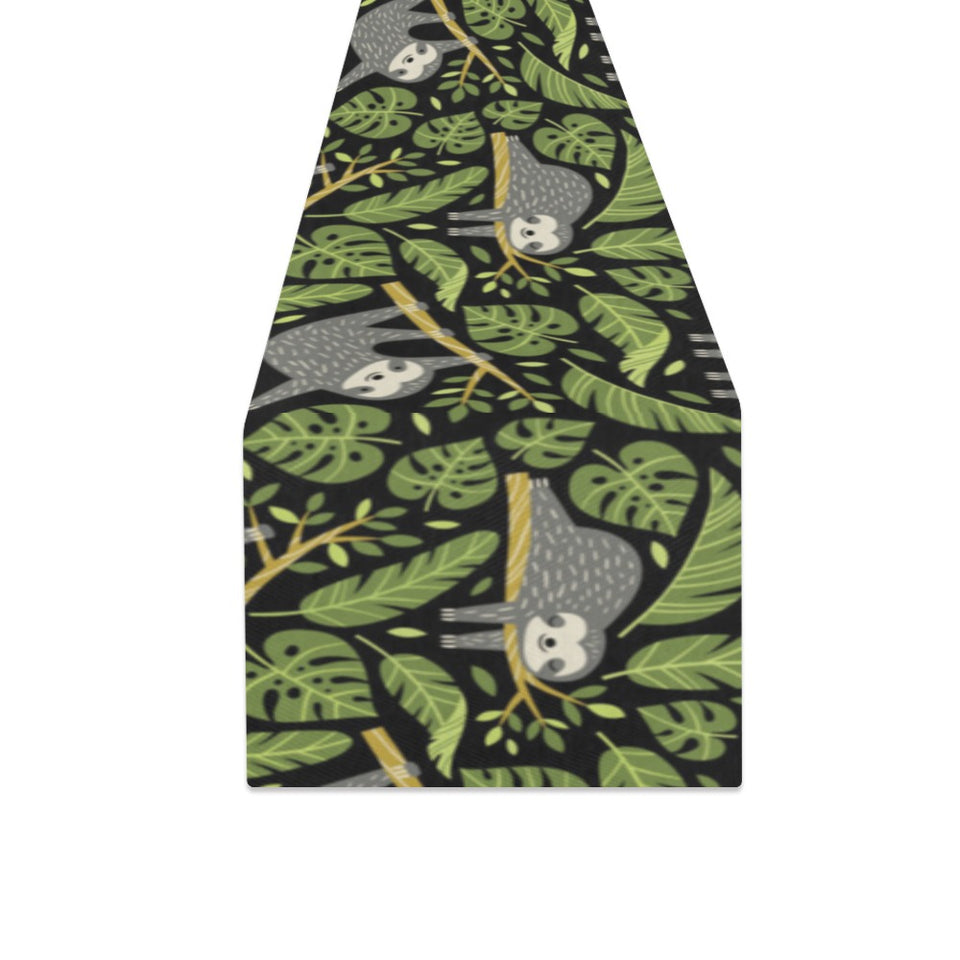 Cute sloths tropical palm leaves black background Table Runner