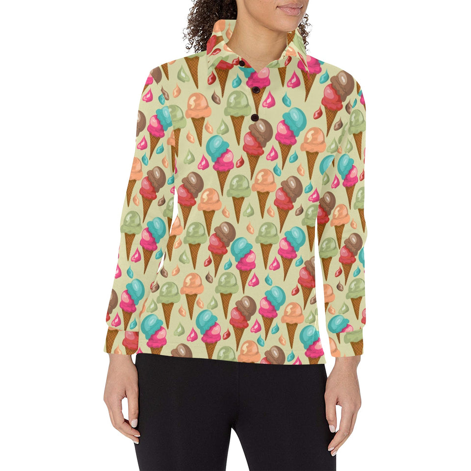 Colorful ice cream pattern Women's Long Sleeve Polo Shirt