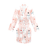 Cute snowman christmas tree snowpink background Women's Long Sleeve Belted Night Robe