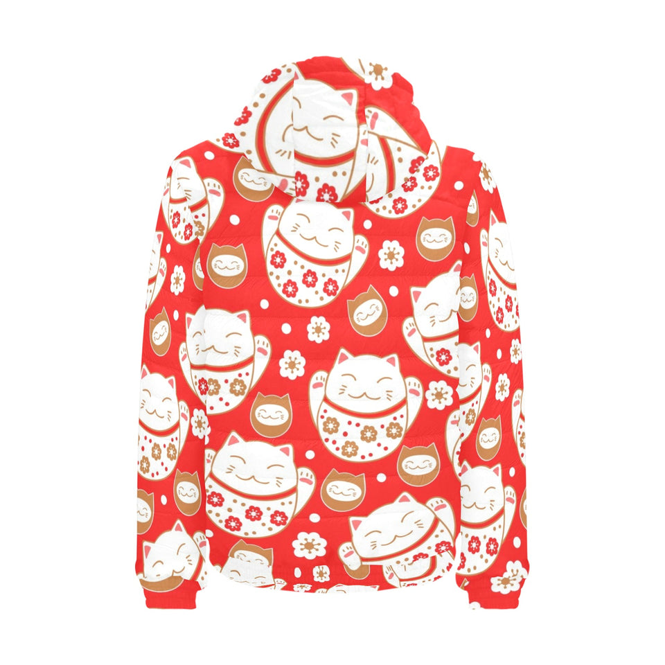 Cute Maneki neko cat red background Men's Padded Hooded Jacket