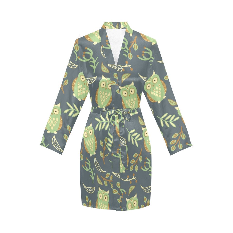 Cute owls leaves pattern Women's Long Sleeve Belted Night Robe