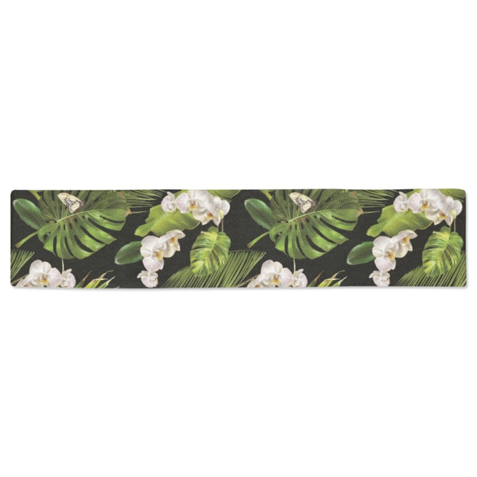 White orchid flower tropical leaves pattern blackg Table Runner