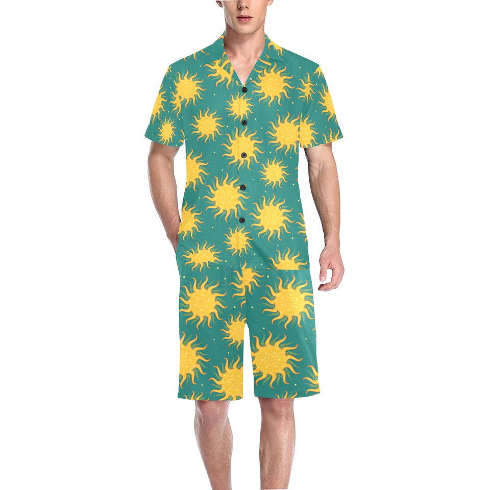 Sun green background Men's V-Neck Short Pajama Set