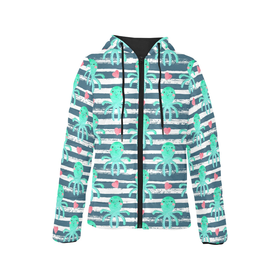 Cute octopuses heart striped background Women's Padded Hooded Jacket