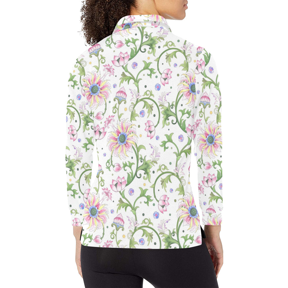 Beautiful pink lotus waterlily leaves pattern Women's Long Sleeve Polo Shirt