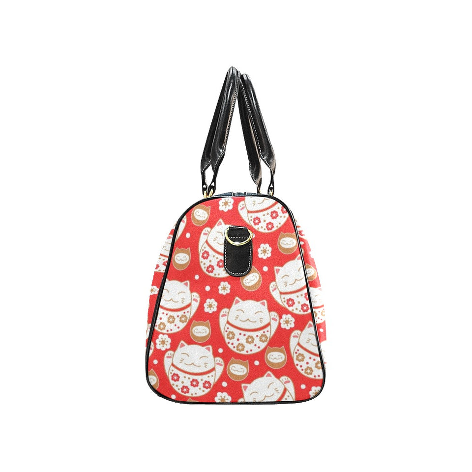 Cute Maneki neko cat red background Travel Bag