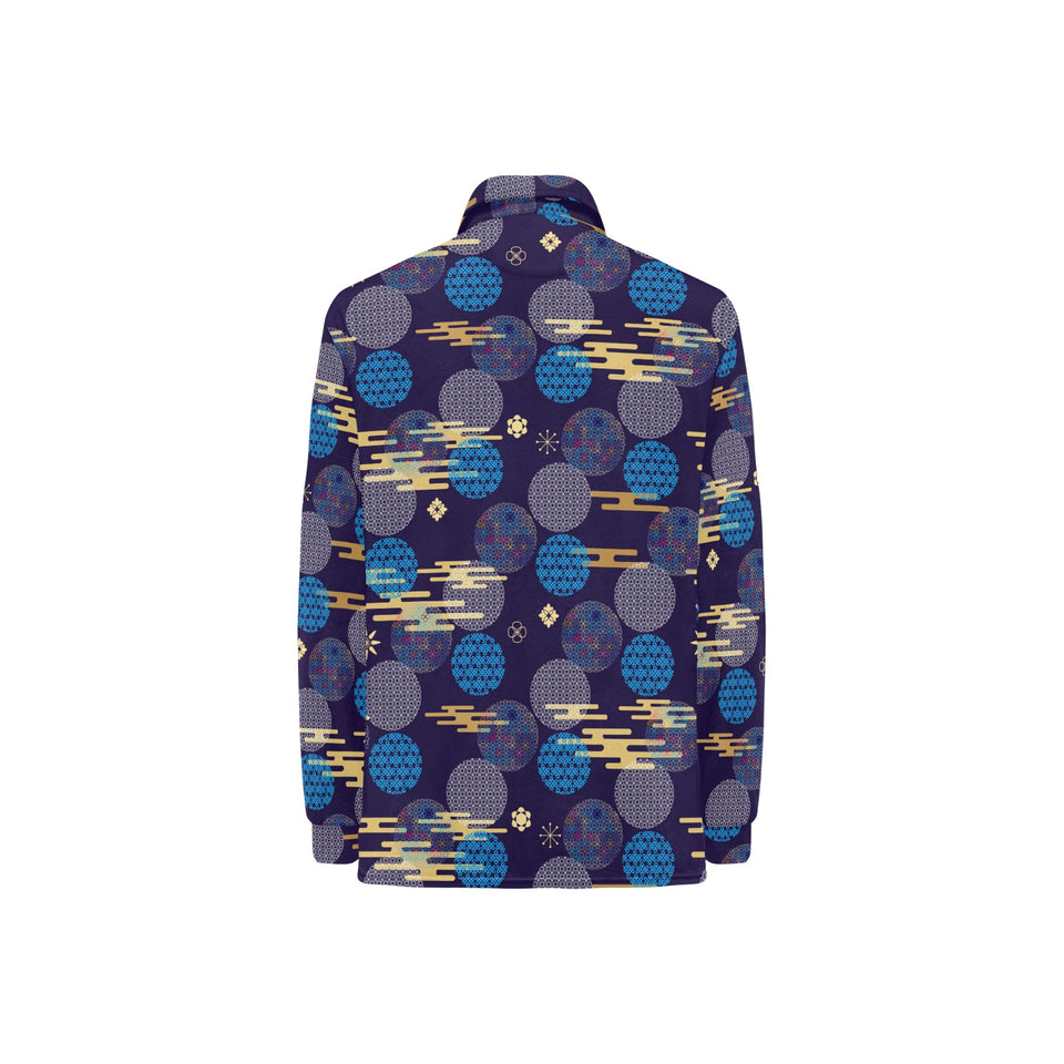 Blue japanese pattern cloud wave flower Women's Long Sleeve Polo Shirt