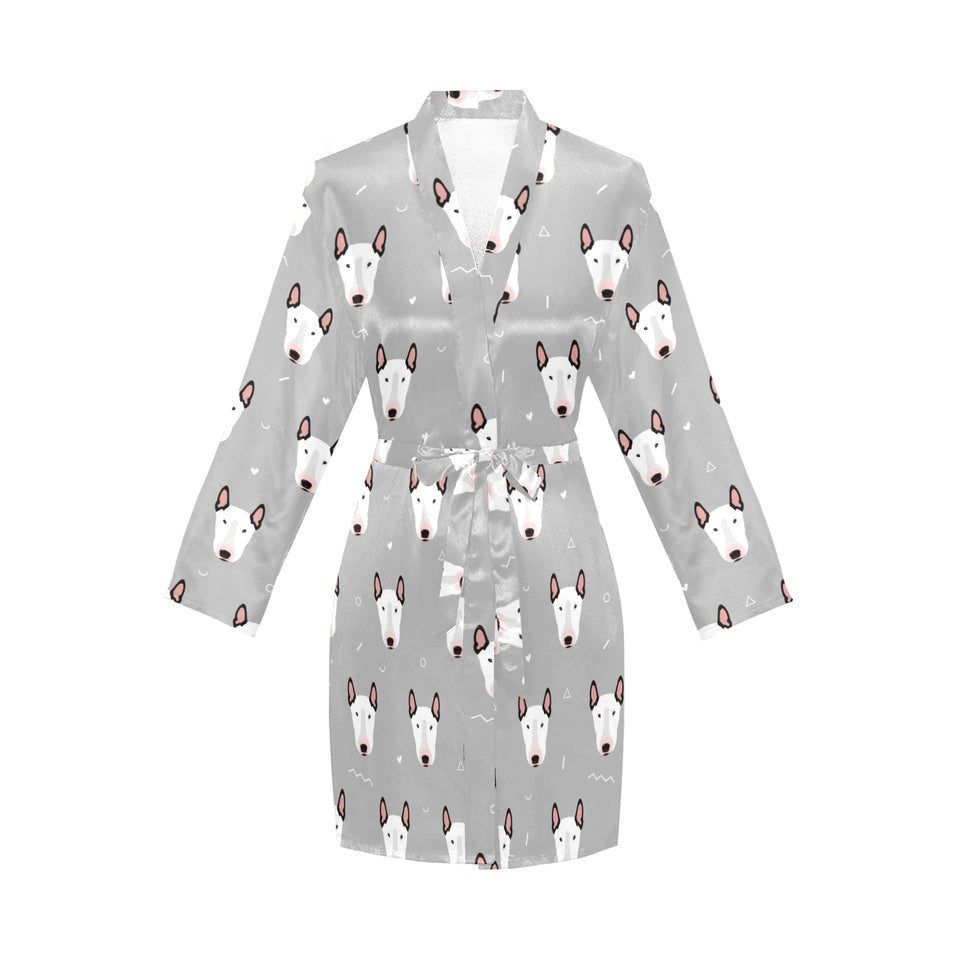 Bull Terrier Pattern Print Design 05 Women's Long Sleeve Belted Night Robe