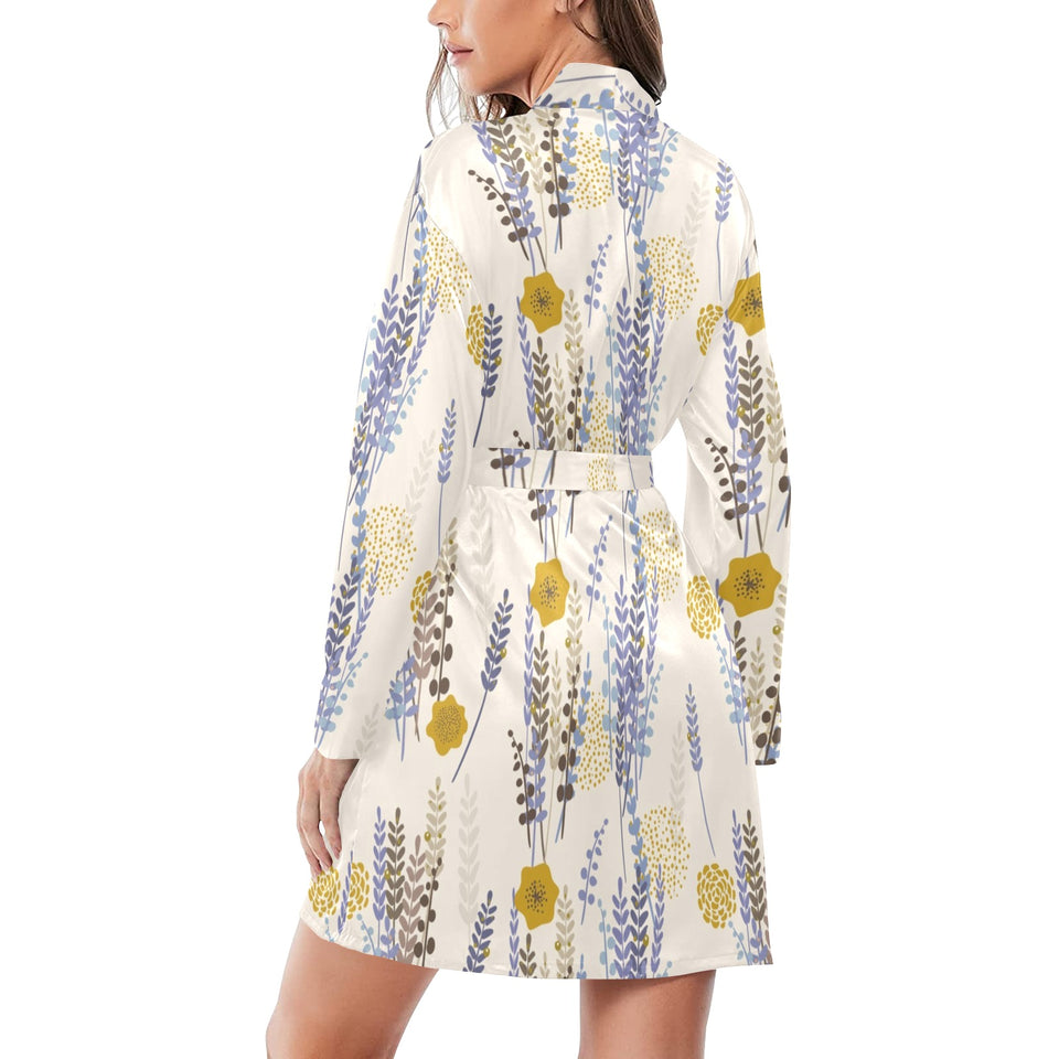 Lavender modern pattern blackground Women's Long Sleeve Belted Night Robe
