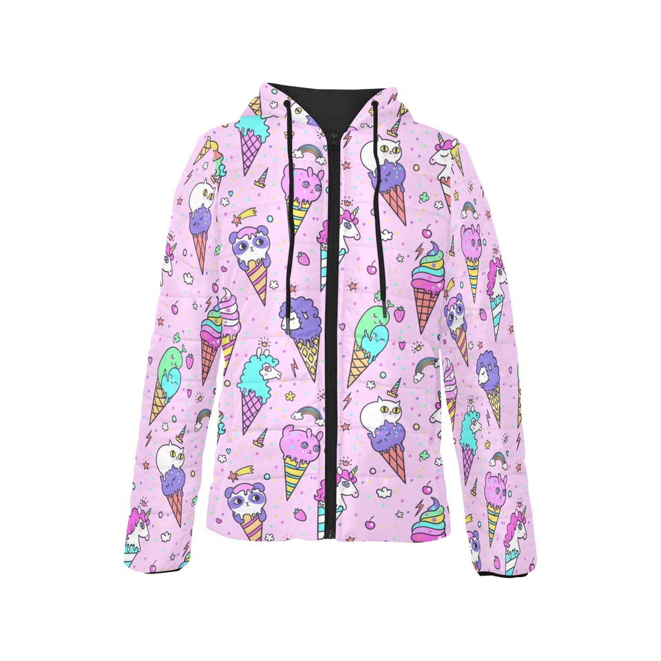 Cute ice cream cone animal pattern Women's Padded Hooded Jacket