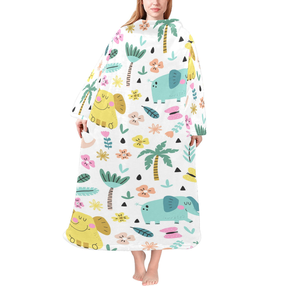 Cute elephants palm tree flower butterfly pattern Blanket Robe with Sleeves