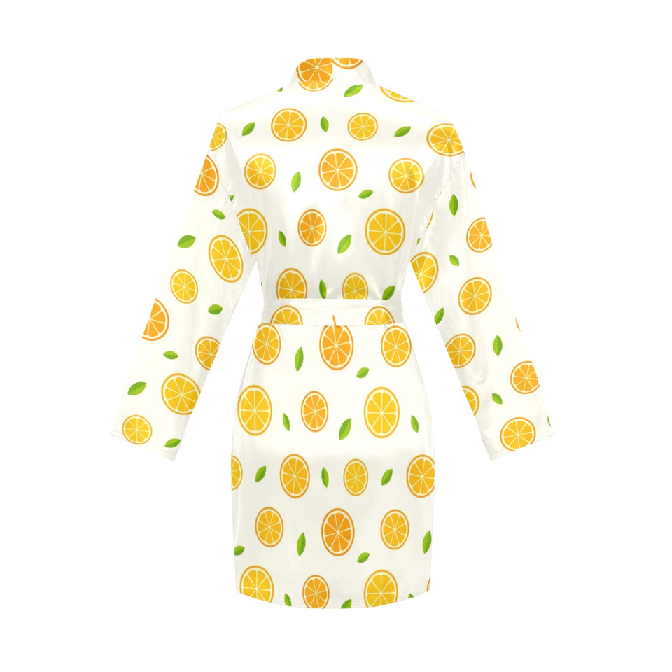 oranges leaves pattern Women's Long Sleeve Belted Night Robe