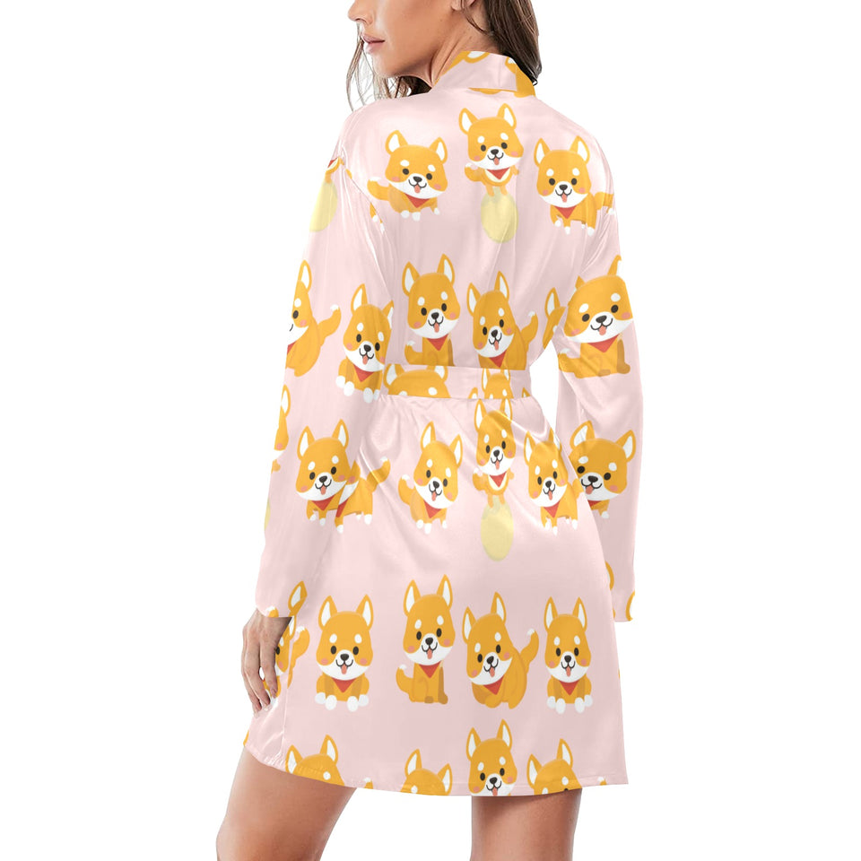 Cute shiba inu dog pattern Women's Long Sleeve Belted Night Robe